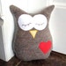 Owl Pillow Plush - Recycled Wool - Tan Embroidered