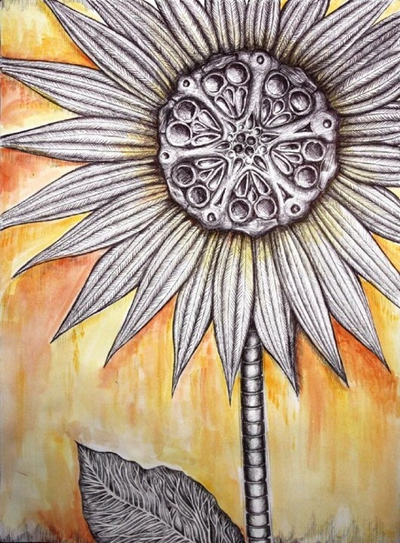 Sunflower Skeleton Print of Pen and Watercolor by TheresaBedal