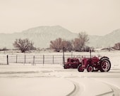 winter farm photograph / snow, farm, tractor, landscape, christmas decor, holiday decor / white, red / snow day / 11x14