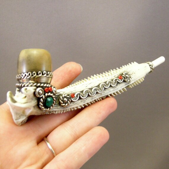Ooak antique carved bone pipe with silver faux turquoise