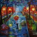 Couple In Love Couple Kissing Couples Romance Romantic Man and Woman Umbrella Rainy Walking Lighted Park Painting "Just One Kiss " Original