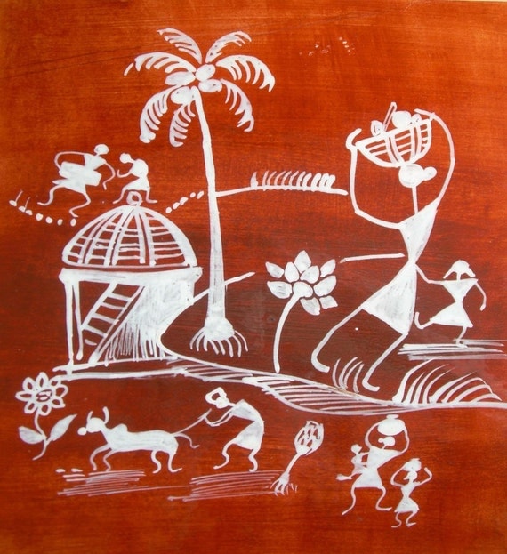 Warli Village Scene Handmade Painting On Paper 10 x 7.5