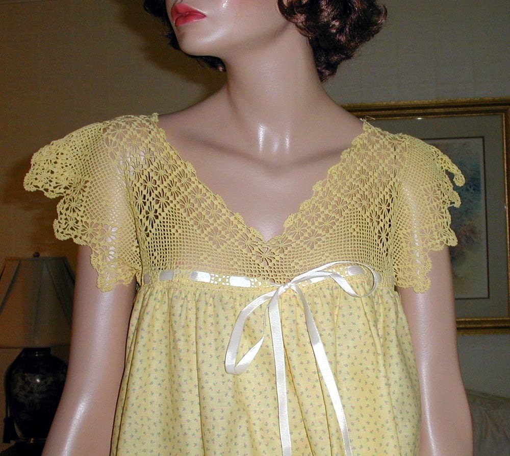 Yellow nightgown with crochet yoke in filet and spider web