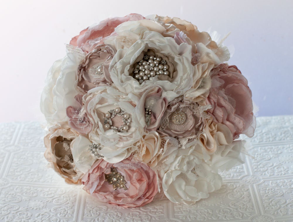 Fabric Flower Custom Wedding Bouquet with rhinestone and