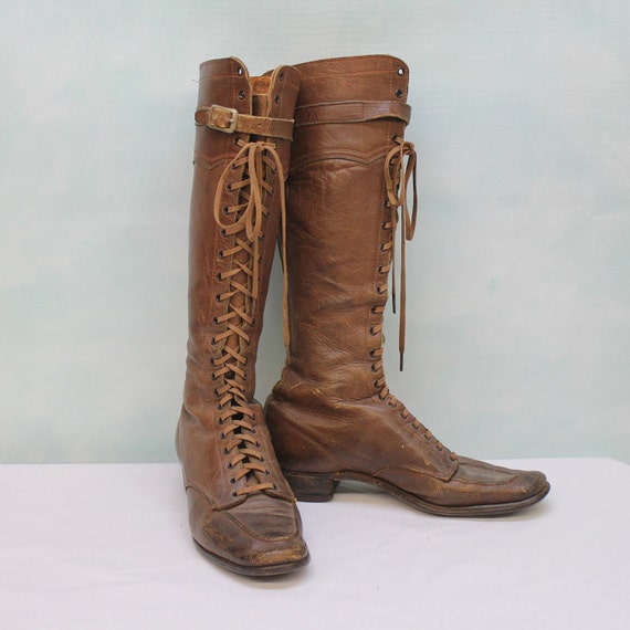 30's/40's Lace up Tall Brown Leather Boots Womens 8