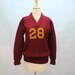 50's - 60's Varsity Style Heavy Wool V Neck Sweater in Maroon - Mens or Womens XSmall to Small