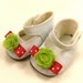 Fits American Girl Doll Other 18" Dolls Shoes Embellished Mary Jane Shoes White with Bright Neon Green Wool Felt Flowers and Hot Pink Bows