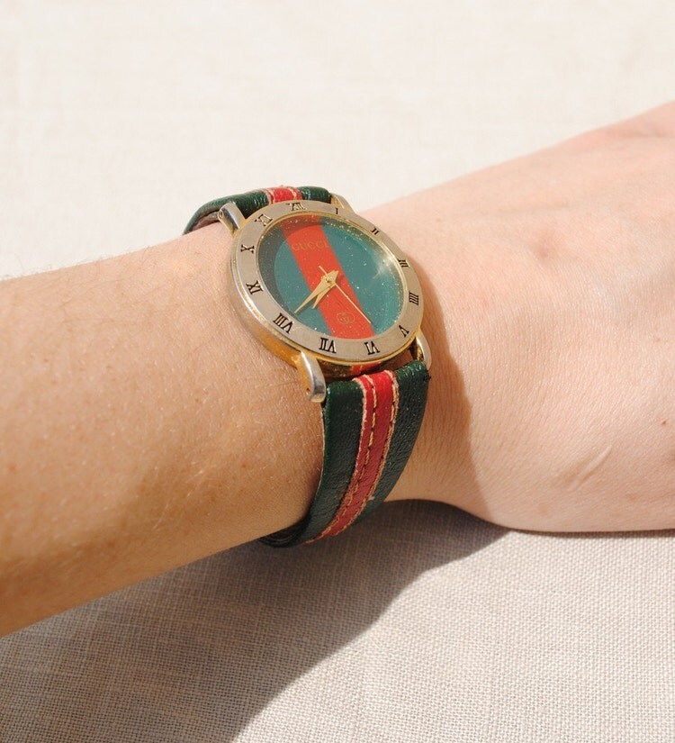 Vintage GUCCI Green and Red Watch by badbabyvintage on Etsy