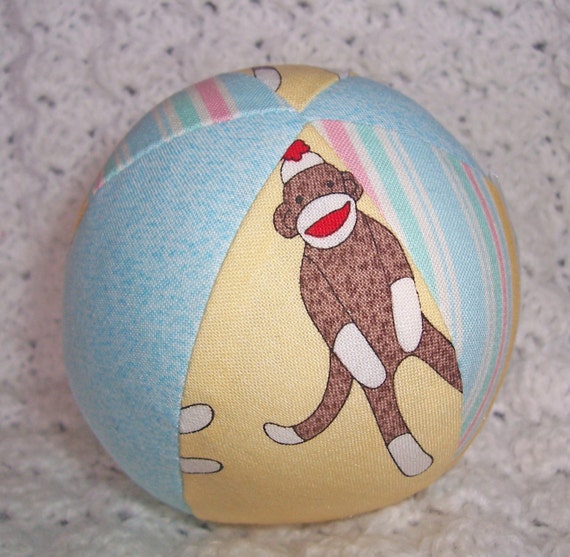 Cloth Ball Toy with Pastel SOCK MONKEY fabric and Jingle Bell