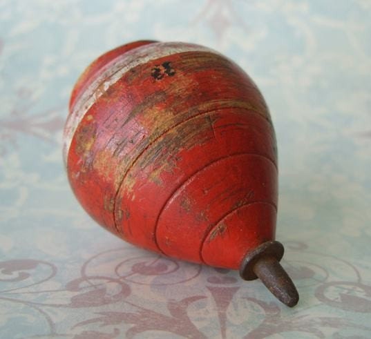 Antique Red Wooden Spinning Toy Top Metal Tip