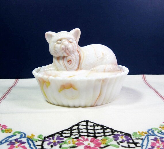 Westmoreland Slag Glass Cat Candy Dish Vintage