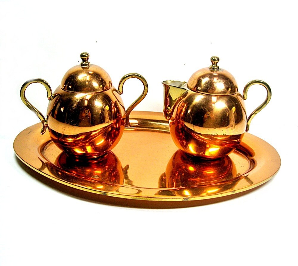 Copper Brass Cream And Sugar Set With Tray 1950s Mexico