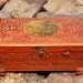 SALE Vintage hand carved filigree wooden box with rustic pond landscape scene