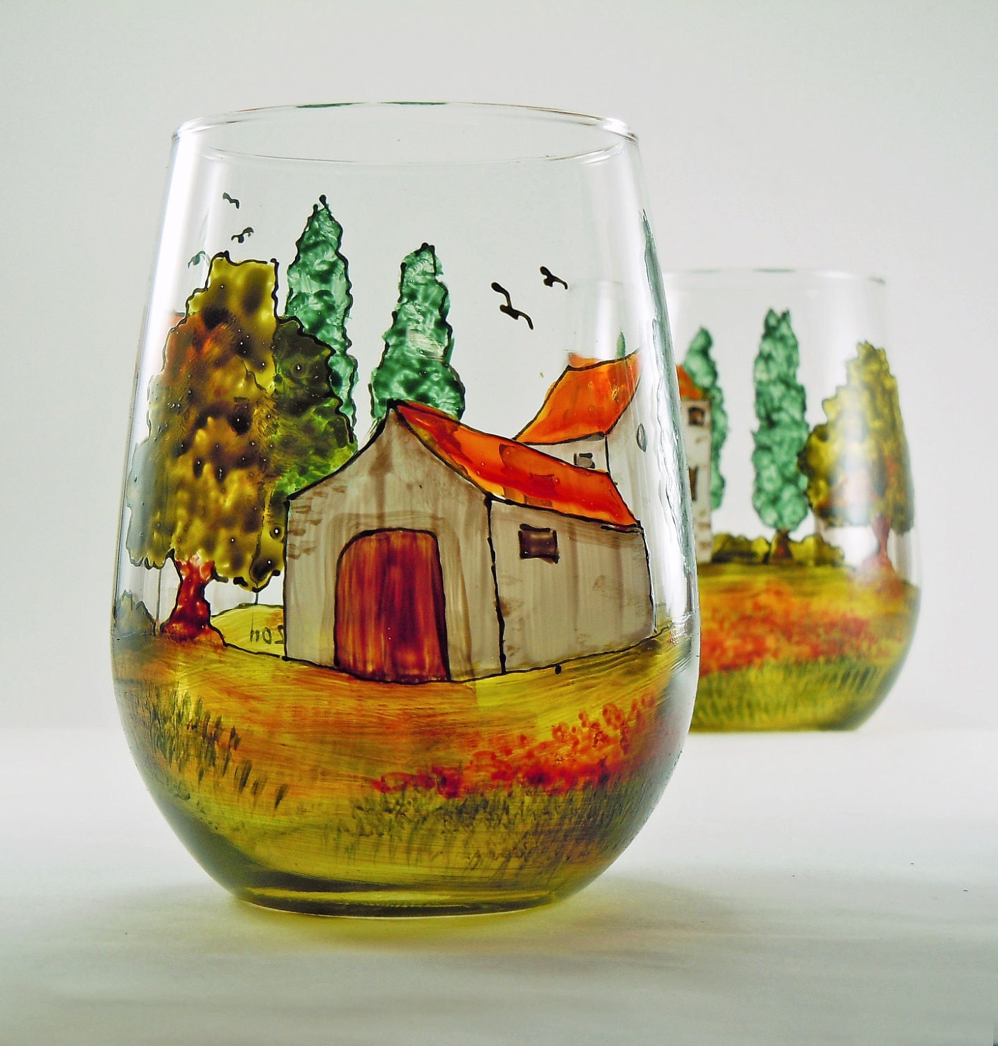 Hand painted glasses Set of 2 stemless by ButterflyRougeStudio