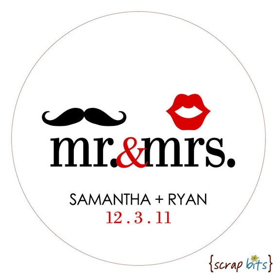 Mr And Mrs Mustache And Lips Personalized Wedding Stickers