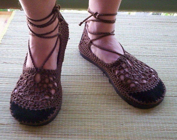 Lace up crochet SHOES Mary Jane Chocolate Brown by lepiedleger