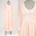 1970's Pale Coral Prairie Maxi Dress - Pink Ribbons & Lace Cotton Organza Gown - Hippie Boho Bridal