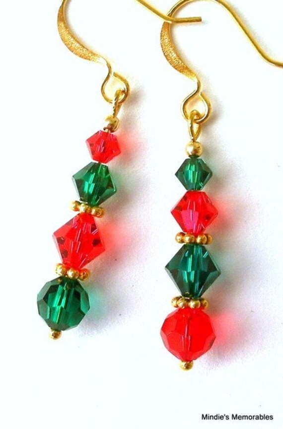 Items similar to Red and green holiday earrings, Swarovski crystal ...