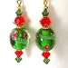 Green and red earrings, lampwork glass, Swarovsi crystal