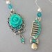 Miniature mirror and comb earrings, hair styling, antiqued silver, teal, blue zircon, cosmetology earrings