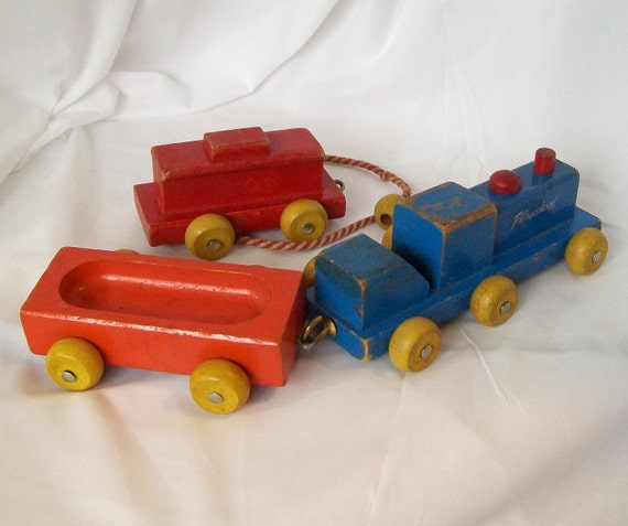 Playskool Wooden Train Pull Toy Vintage Wood Cars Blue Engine