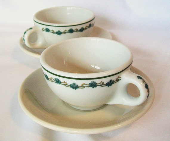 Syracuse vintage  Restaurant Saucers  Stripe Flowers and Green Vintage cups diner coffee saucers and Cups
