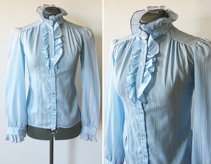 RESERVED vintage 70s baby blue tuxedo ruffled blouse with