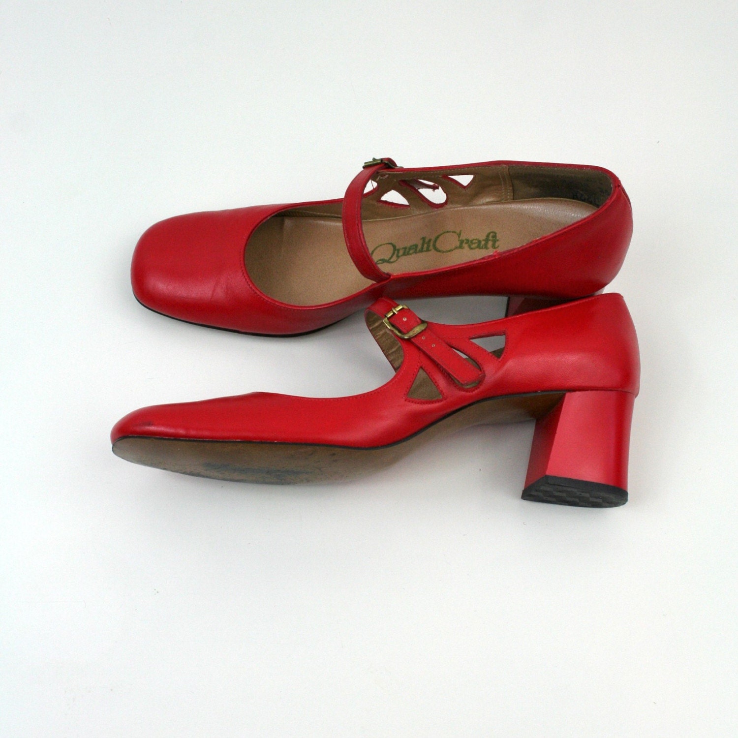 1960s RED Leather chunky heel Mary Jane Mod SHOES 6.5