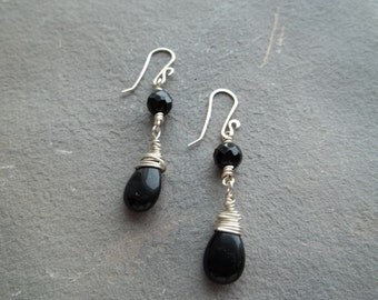 Black Onyx Teardrop and Sterling Silver Earrings
