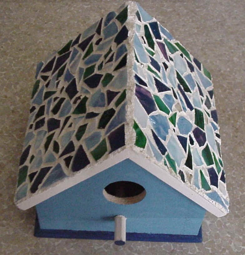 Blue Stained Glass Mosaic Bird House