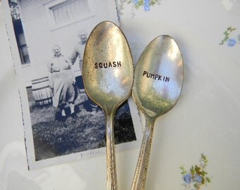 Vintage Hand Stamped Spoon Garden Markers for Fall. Pumpkin and Squash.