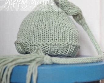 Newborn Baby Knit Nightcap Elf Hat withTassel Beautiful Sage Green Color