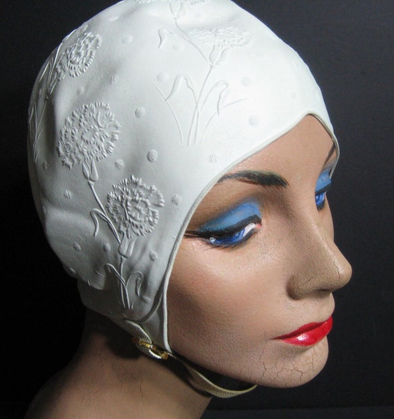 50s 60s Swim Cap With Chin Strap White Embossed Floral Vintage