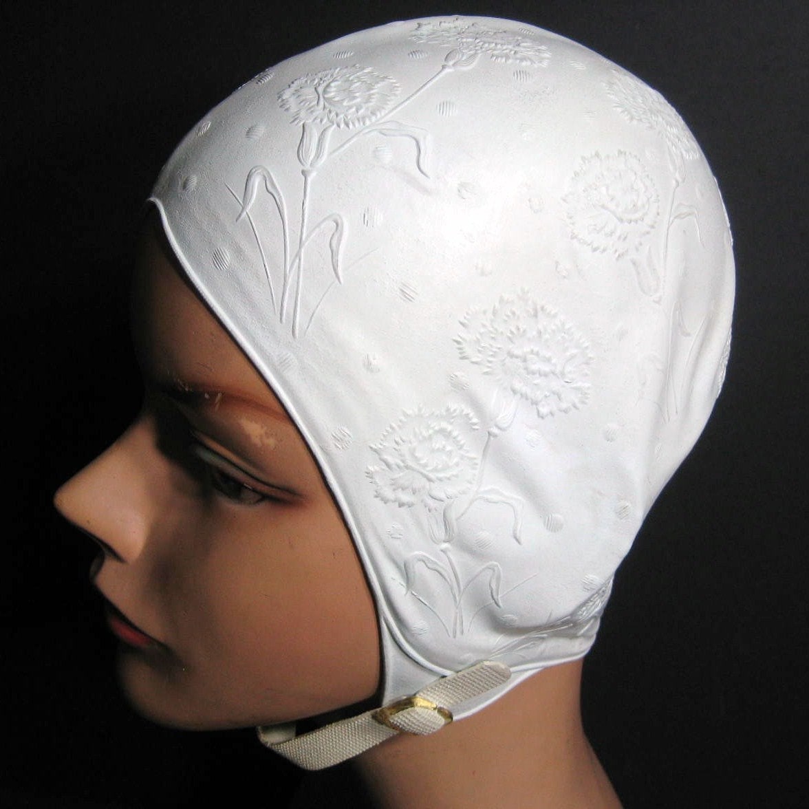 50s 60s Swim Cap With Chin Strap White Embossed Floral Vintage