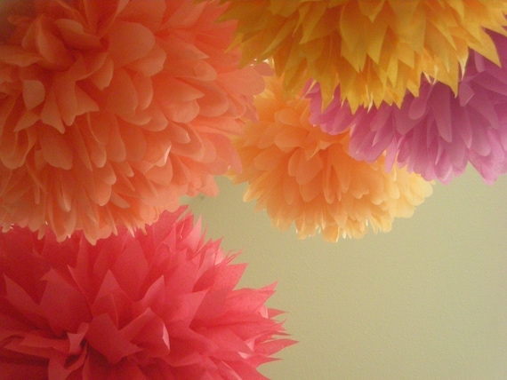 PUNCH / 5 tissue paper poms / wedding decorations / birthday party decor / nursery decorations / diy / paper pompom / hanging decorations Il_570xn