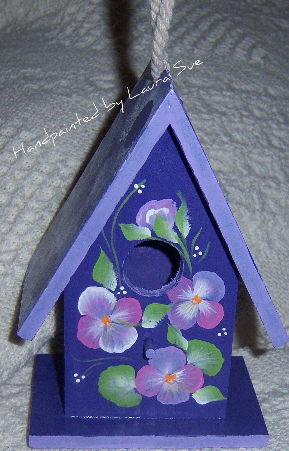 Hand painted Bird House Decorative Purple Pansy