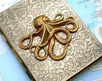 Metal Cigarette Case Brass Octopus Cigarette Case Nautical Steampunk Gothic Victorian Antiqued Brass Metal Wallet Oversized Card Holder