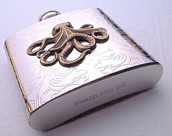 Hip Flask Octopus Nautical Steampunk Stainless Steel With Raised Brass Octopus Victorian Design Mixed Metals Holds 6 oz