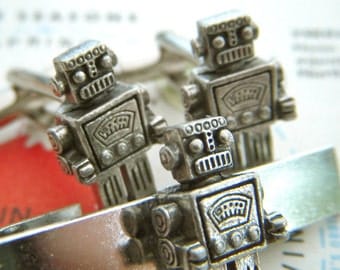 Men's Cufflinks Silver Robot Cuff Links & Robot Tie Clip SET of 3 Silver Cufflinks Originals From Cosmic Firefly