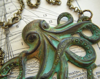 Real Verdigris Octopus Necklace Rustic Natural Green Patina Color Primitive Finish Antiqued Brass Stamped Metal Long Brass Rolo Chain