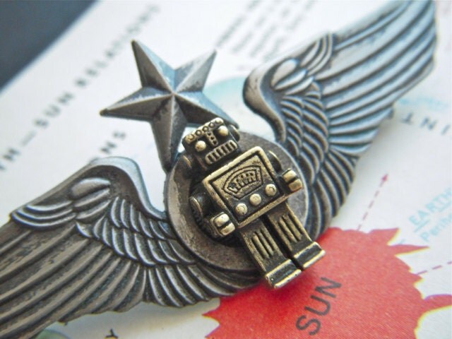 Steampunk Pin Robot Pin Flight Wings Flying Star Badge Mixed Metals Brass & Pewter