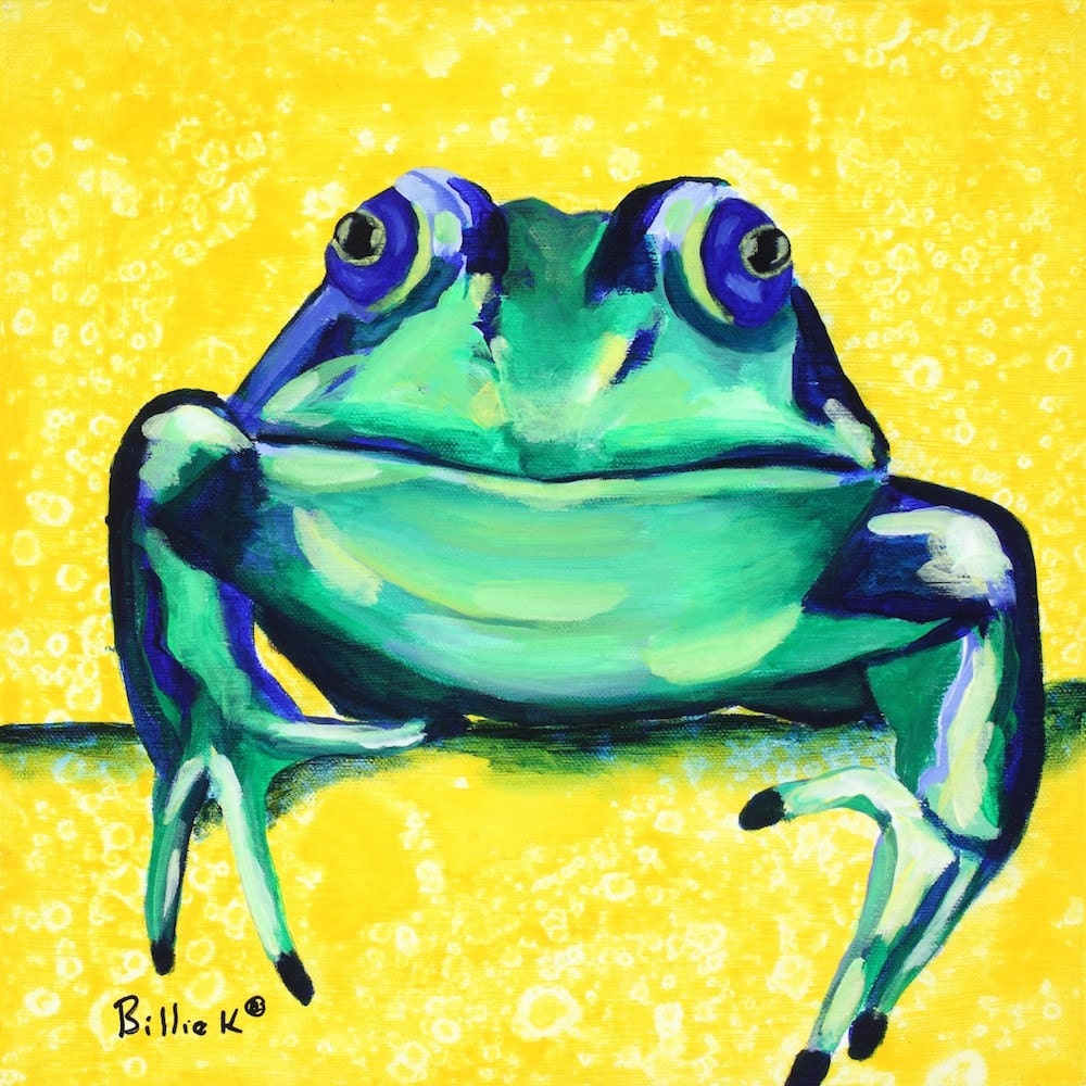 Green Yellow Frog Print. Colorful Children's Room Print