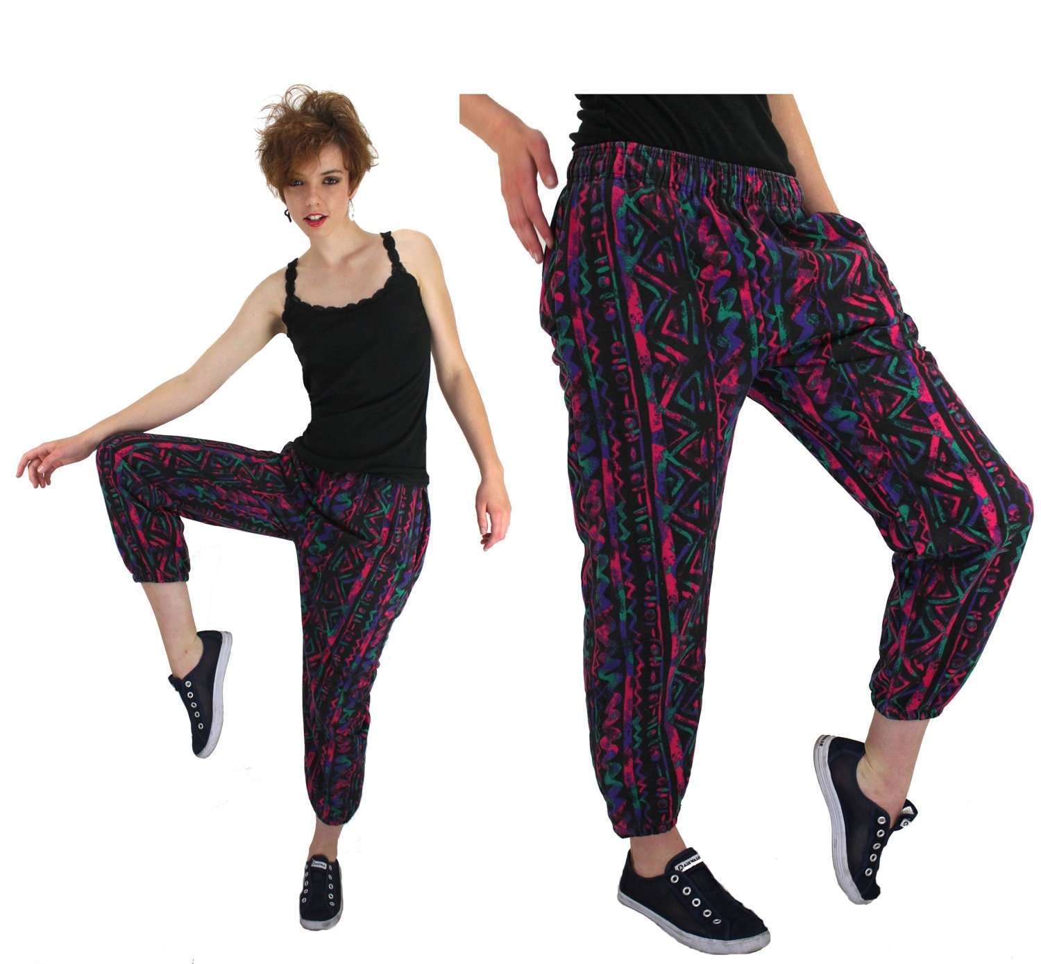 Neon Hammer Pants Vintage 80s 90s Harem Surf Muscle Black Pink