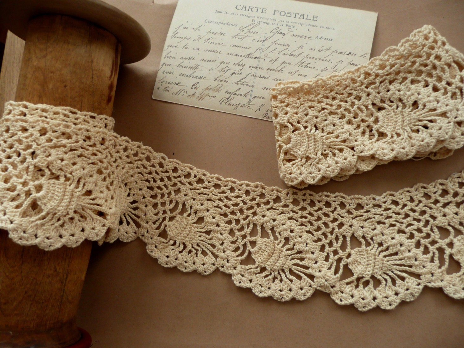 Handmade Antique french crocheted lace Ecru Natural color