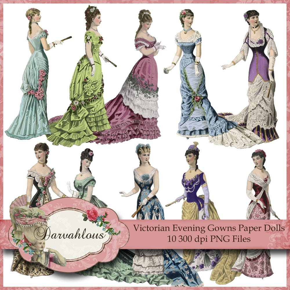 Victorian Evening Gown Paper Dolls PNG Files Collage Sheet