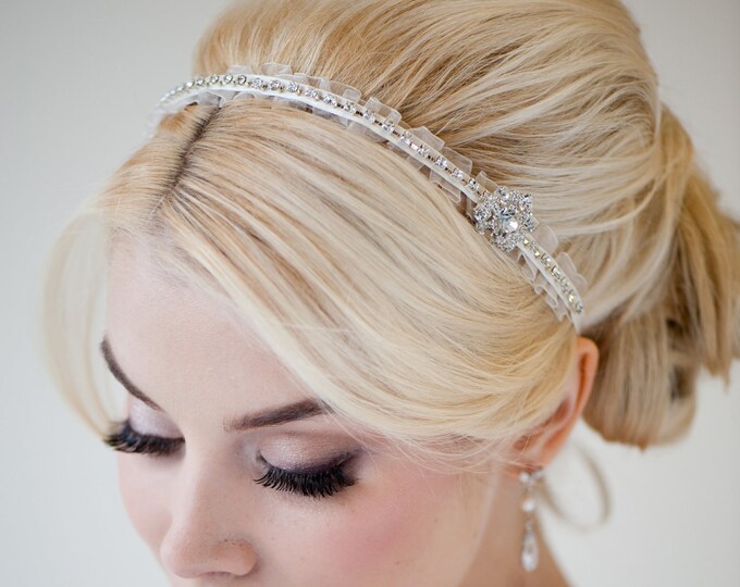 Bridal Headband, Bridal Ribbon Headband, Wedding Hair Accessory, Rhinestone Ribbon Headband - MINKA