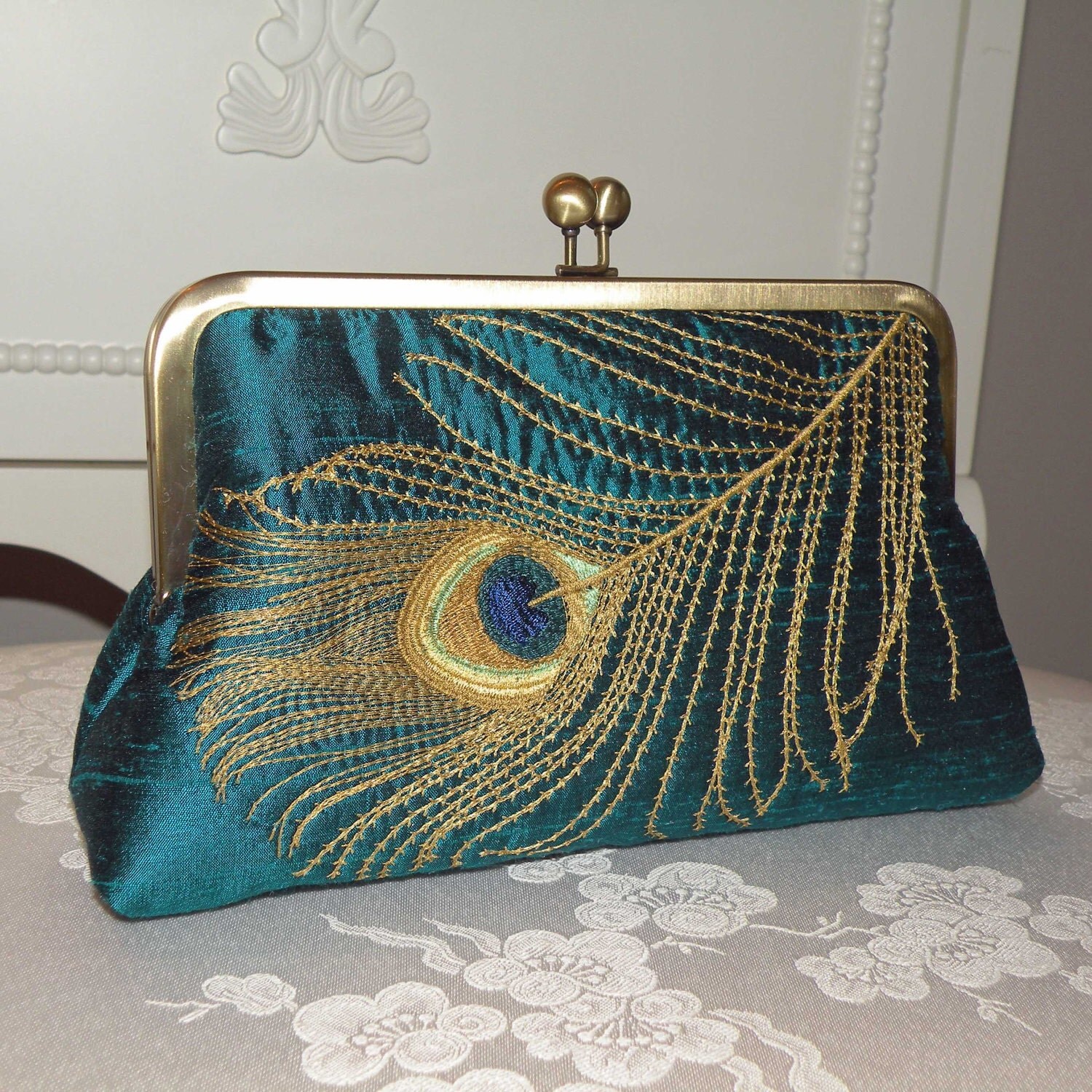 Peacock Feather Embroidered Silk Clutch/Purse Teal w/ Golden