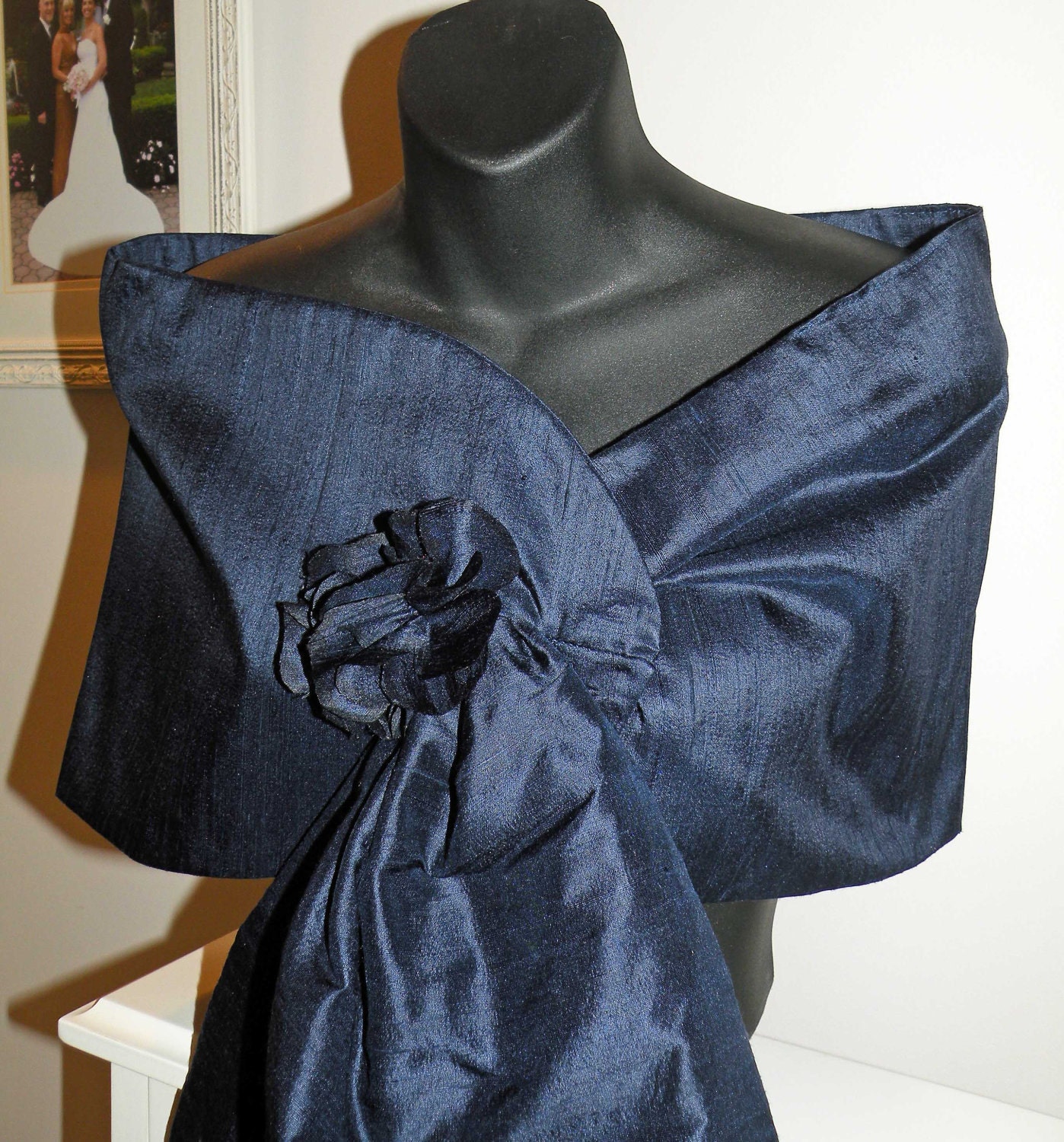 Silk Dupioni Wrap/Shawl/Shrug in Navy..Hands Free..Clutch to