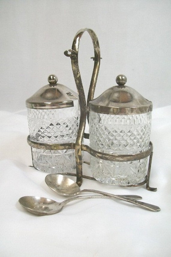 Vintage Silver Plate Condiment Set Jam Jars