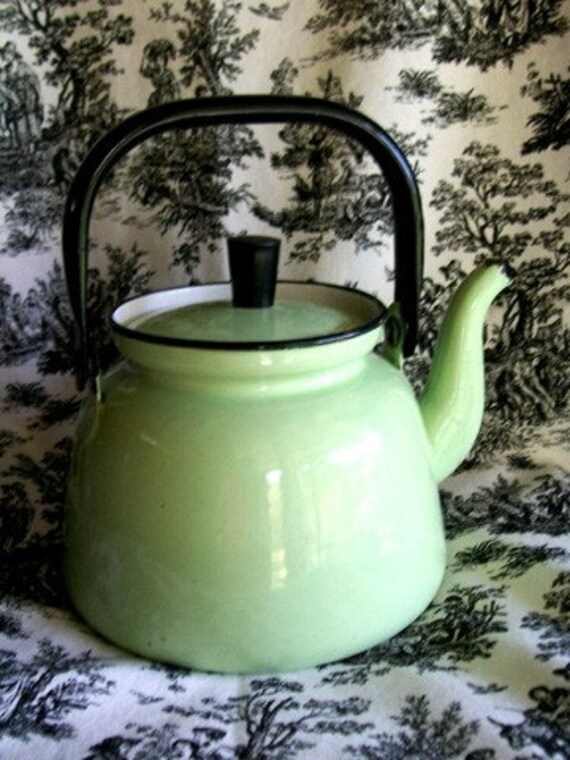 Vintage Enamel Tea Kettle Lime Green tea pot